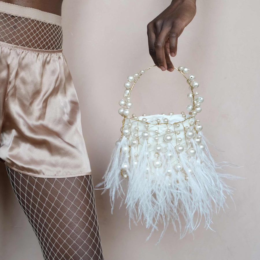LOLA- Borsa in vetro, cartapesta e piume